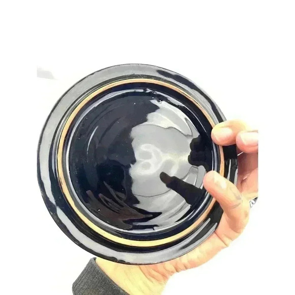 VTG Ceramic Trinket Box Round Lid Unknown Artist 5" Wide Dark Blue Hand Painted - Picture 6 of 13